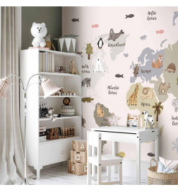 Fototapet - Pastel Map - Animals and Continents for Childrens Room
