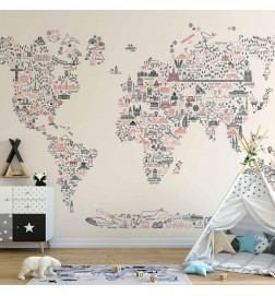 Mural de parede - Map With Icons - Cartoon Representation of the World in Pastel Colours