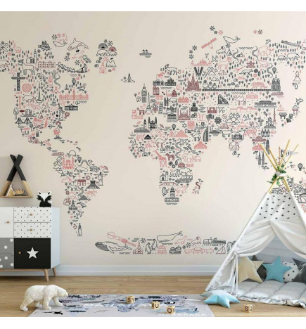 Fototapetti - Map With Icons - Cartoon Representation of the World in Pastel Colours