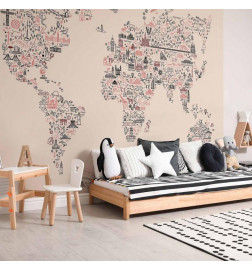 Wall Mural - Map With Icons - Cartoon Representation of the World in Pastel Colours