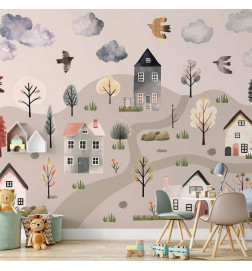 Fototapetas - Scandinavian Valley - Village in Pastel Colours Painted in Watercolours