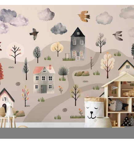 Mural de parede - Scandinavian Valley - Village in Pastel Colours Painted in Watercolours