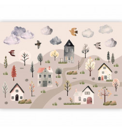 Fototapeet - Scandinavian Valley - Village in Pastel Colours Painted in Watercolours