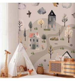 Wall Mural - Scandinavian Valley - Village in Pastel Colours Painted in Watercolours