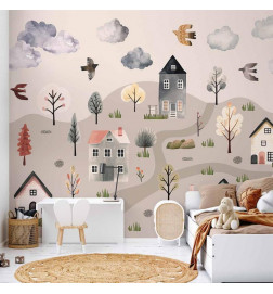 Wall Mural - Scandinavian Valley - Village in Pastel Colours Painted in Watercolours
