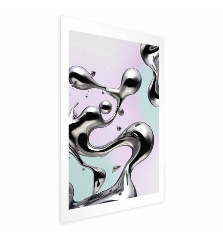 Juliste - Metallic Fluidity - abstract silver forms on a mint-purple background