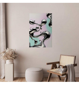 Juliste - Metallic Fluidity - abstract silver forms on a mint-purple background