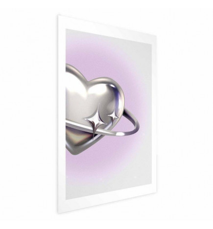 Pôster - Cosmic Heart - silver heart with a ring on a purple background