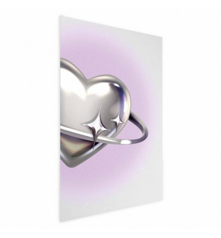 Pôster - Cosmic Heart - silver heart with a ring on a purple background