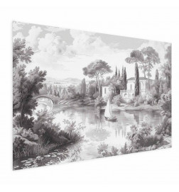 Plakatas - Black-and-White Vintage Landscape with a Pond