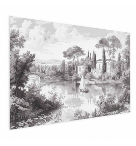 Plakatas - Black-and-White Vintage Landscape with a Pond