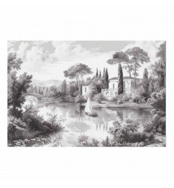Plakat - Black-and-White Vintage Landscape with a Pond