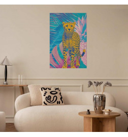 Plakāts - Exotic Leopard - colorful portrait of a cheetah against tropical leaves