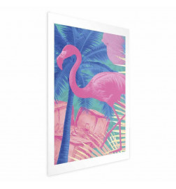 Plakatas - Pink Flamingo - abstract flamingo against a background of palm trees and ice cubes
