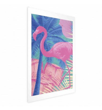 Poster - Pink Flamingo - abstract flamingo against a background of palm trees and ice cubes