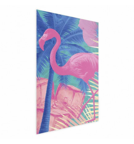 Poster - Pink Flamingo - abstract flamingo against a background of palm trees and ice cubes