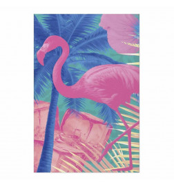 Poster - Pink Flamingo - abstract flamingo against a background of palm trees and ice cubes