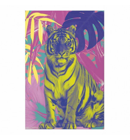 Plakāts - Colorful Tiger - intense colors of a tiger surrounded by tropical plants