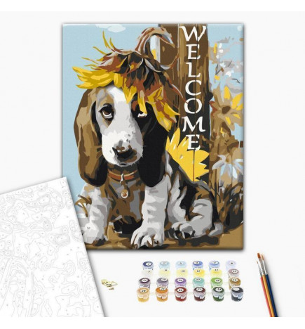 Cuadro para colorear - Dog and Sunflowers