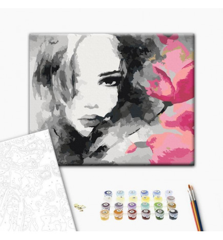Malen nach Zahlen - Black & White Portrait With A Pink Flower