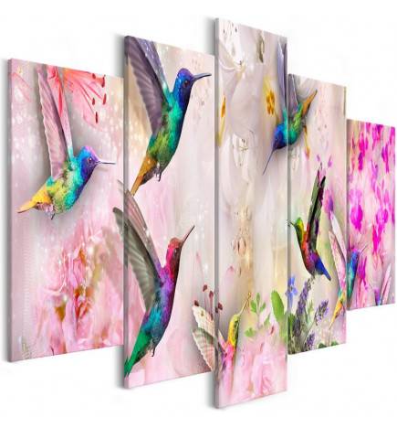 Canvas Print - Colourful Hummingbirds (5 Parts) Wide Pink