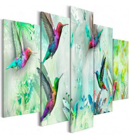 Canvas Print - Colourful Hummingbirds (5 Parts) Wide Green