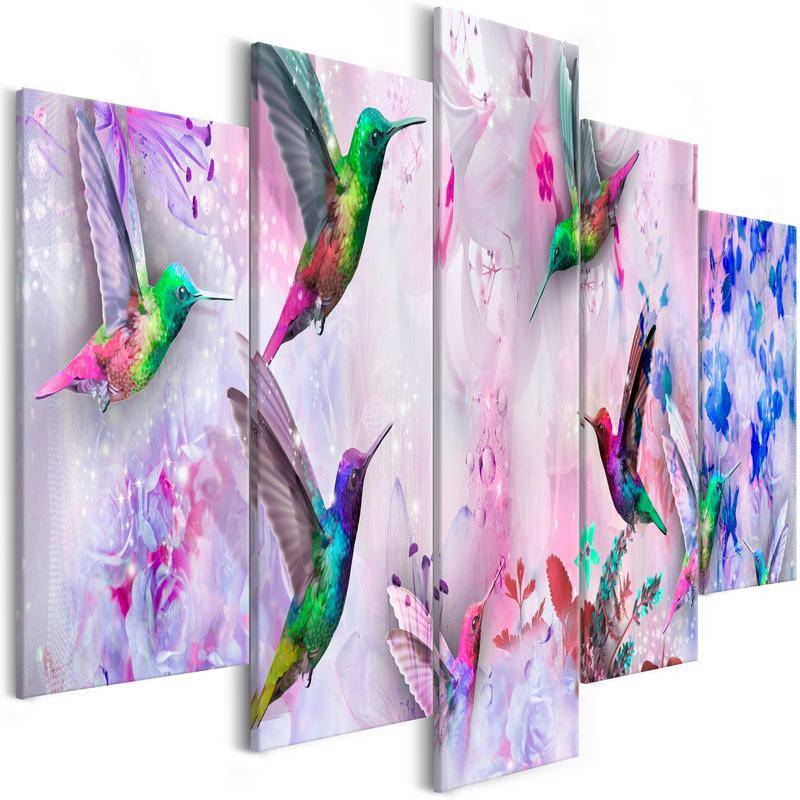 Canvas Print - Colourful Hummingbirds (5 Parts) Wide Violet