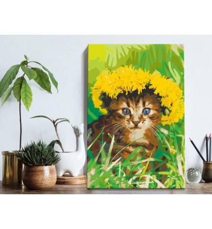 Quadro fai da te con un gattino con i fiori in testa cm. 40x60