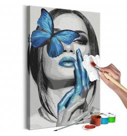 Quadro fai da te. donna con la farfalla blu cm. 40x60