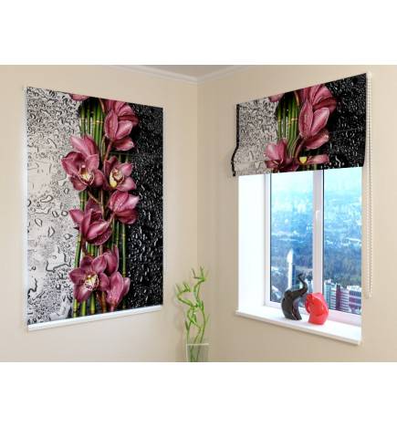 Roman blind - with dew and purple flowers - FIREPROOF