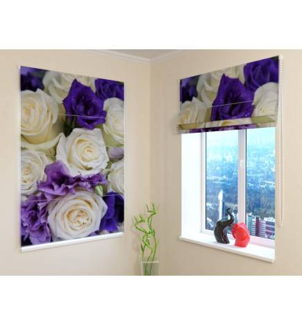 Paketna zavesa - z belimi in vijoličnimi vrtnicami - ognjevarna