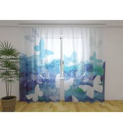 0,00 € Benutzerdefinierter Vorhang - Blaue Schmetterlinge und Blumen