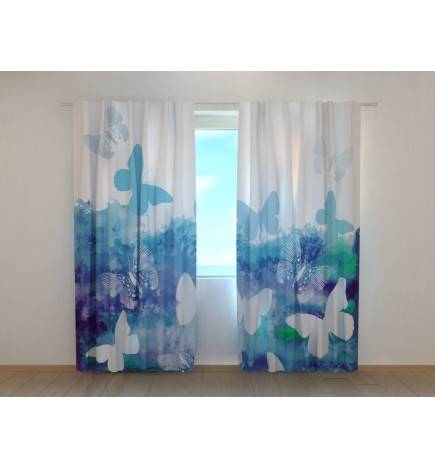 Benutzerdefinierter Vorhang - Blaue Schmetterlinge und Blumen
