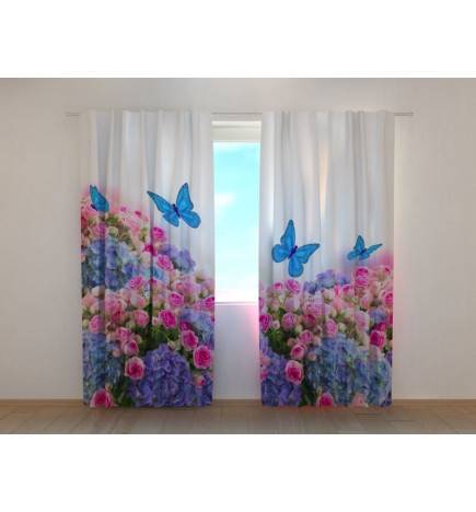 Cortina personalizada - mariposas azules y flores de colores