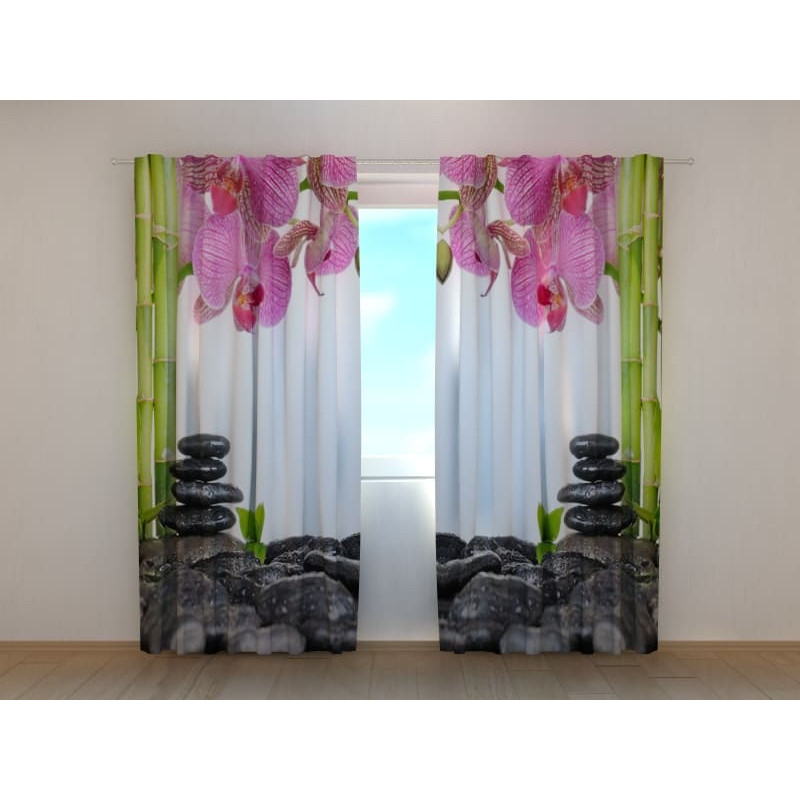 1,00 € Custom curtain - bamboo with stones and purple flowers