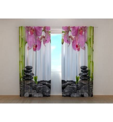 Cortina personalizada - bambú con piedras y flores moradas