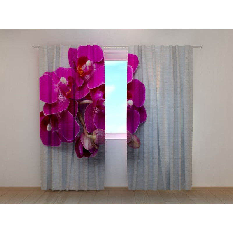 1,00 € Individualizuotos užuolaidos – violetinės orchidėjos ant pilkos medienos