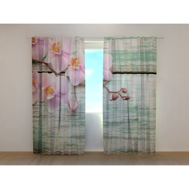 1,00 € Cortina personalizada - Orquídeas rosas sobre madera rústica
