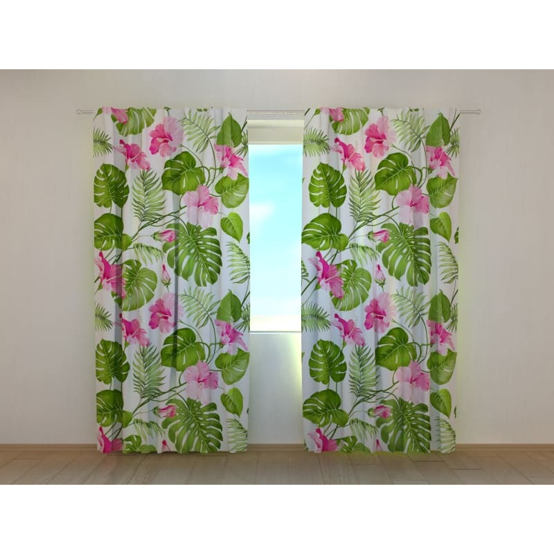 1,00 € Cortina personalizada - Hojas y flores con fondo blanco