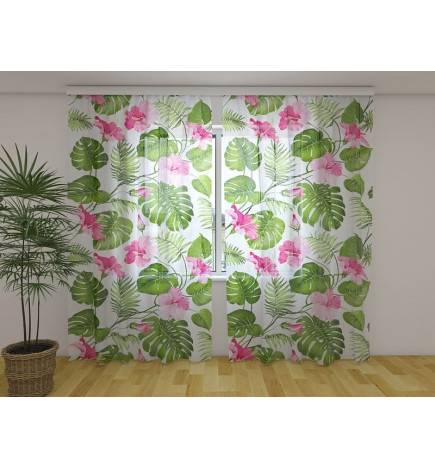 Individueller Vorhang – Blätter und Blumen mit weißem Hintergrund