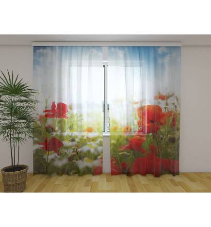 Gordijn op maat - Veld met bloemen - Klaprozen