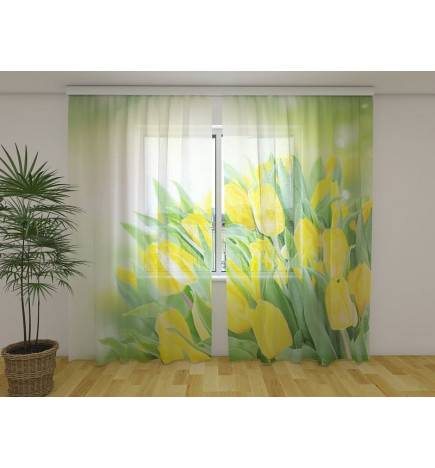 Custom curtain - With yellow tulips and green leaves