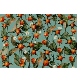 34,00 € Fototapeet - Orange grove - plant motif with fruit and leaves on a blue background