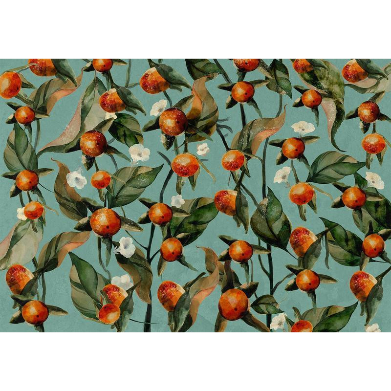 34,00 € Fototapet - Orange grove - plant motif with fruit and leaves on a blue background
