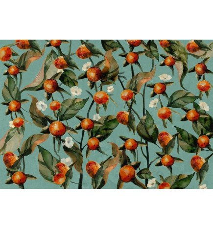 34,00 € Fototapete - Orange grove - plant motif with fruit and leaves on a blue background