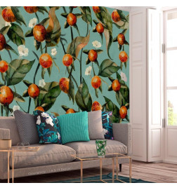 Foto tapete - Orange grove - plant motif with fruit and leaves on a blue background