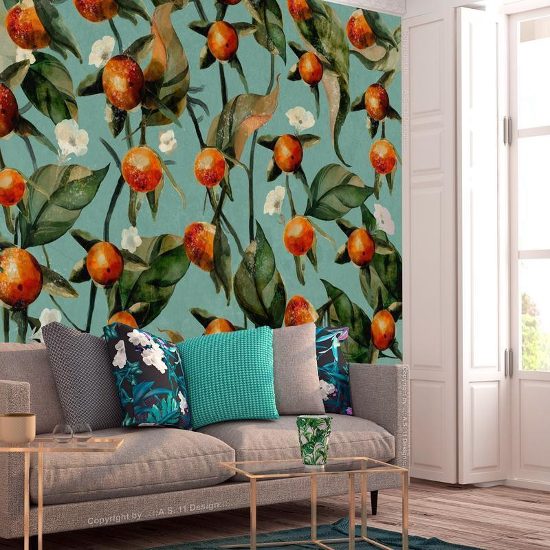 34,00 € Fototapetti - Orange grove - plant motif with fruit and leaves on a blue background