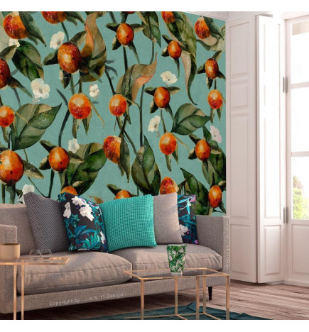Foto tapete - Orange grove - plant motif with fruit and leaves on a blue background