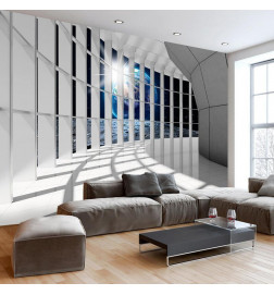 Wall Mural - Unearthly city - space corridor in white with world view