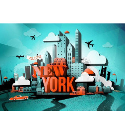 Papier peint - Street Art - Red New York Text with Skyscraper and Car Motif